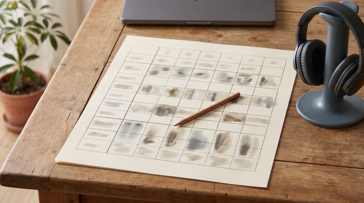 Editorial photograph of a wooden desk in daylight: a large printed grid-style comparison sheet in the center foreground, the rows and columns ruled but the cell contents intentionally rendered as soft abstract marks rather than legible text, a wooden pencil lying across one row, a small potted plant softly out of focus at the upper left, a pair of dark over-ear studio headphones resting on a gray stand at the right, and the edge of a closed laptop at the upper edge of the frame.