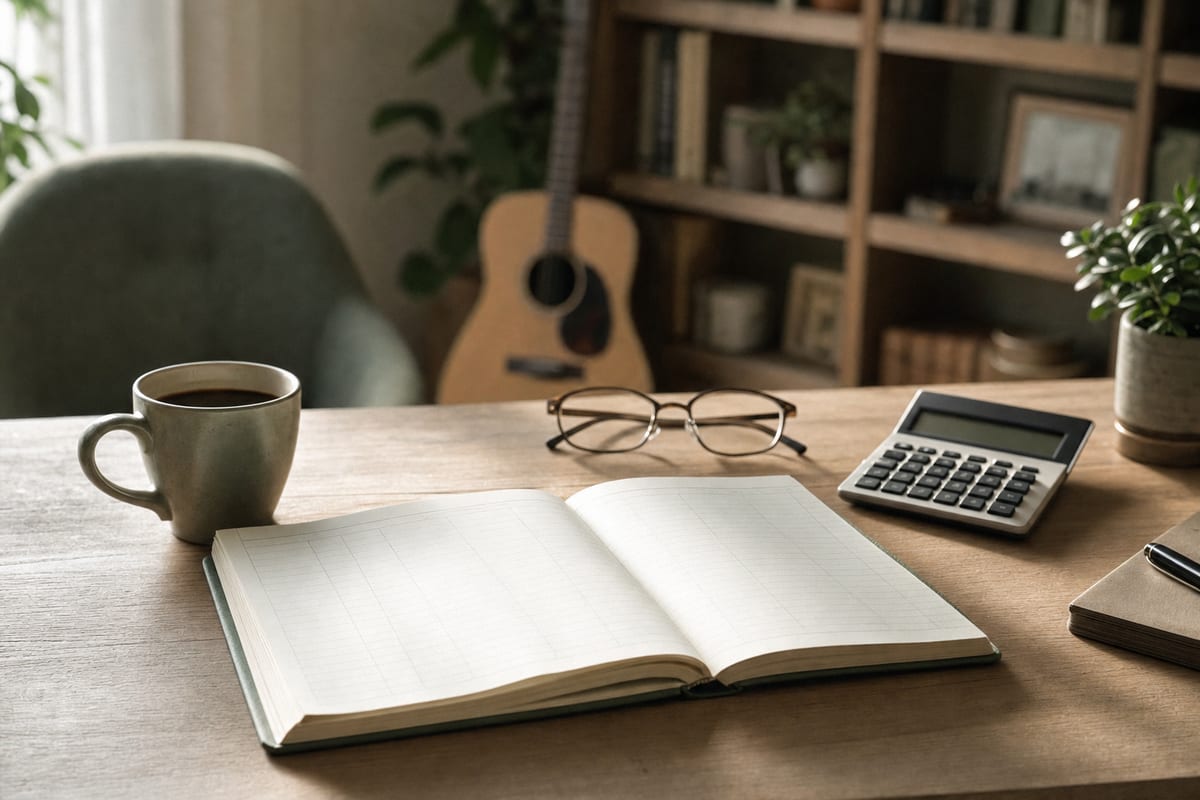 A wooden desk with an open ledger, a calculator, reading glasses, and a mug in cool morning light, an acoustic guitar resting in the background