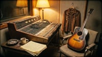 Outlaw country recording session at night with road-worn acoustic guitar, reel-to-reel tape machine, and handwritten verses, Nashville skyline framed in the window with the Texas sky in the distance.
