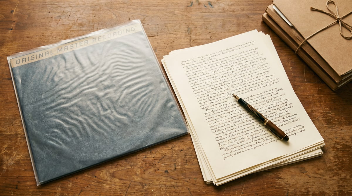 Editorial photograph of a wooden desk with a music contract, a notebook with hand notes, and a guitar leaning against a bookshelf in late afternoon light.