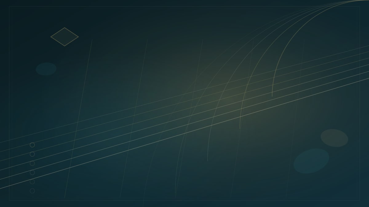 Abstract music-canvas editorial graphic: guitar strings in perspective converging with radiating arc burst and guitar-pick silhouette in deep teal and warm cream on a dark background, representing the contrast between short-term campaign reach and durable catalog retention without readable text or logos.