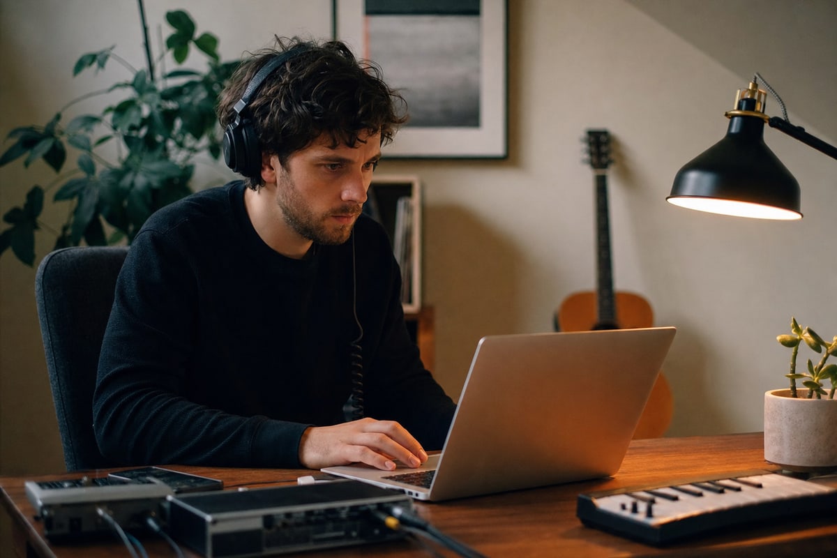 An independent artist reviewing their Spotify for Artists dashboard at a studio workstation, preparing a playlist pitch