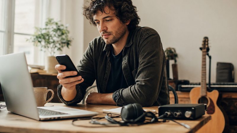 An independent musician looking at a smartphone showing a music streaming app, planning a release campaign