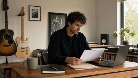 An independent artist reviewing music publishing paperwork at a desk, representing royalty registration for songwriters
