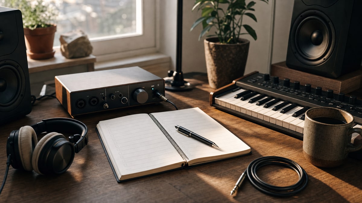Editorial photograph of an independent songwriter's release desk in warm window light: studio headphones, an audio interface, a hardware MIDI keyboard, a quarter-inch instrument cable, a ceramic coffee mug, a small plant on the window ledge, and an open lined notebook with a pen, on a wooden desktop near a near-field studio monitor.