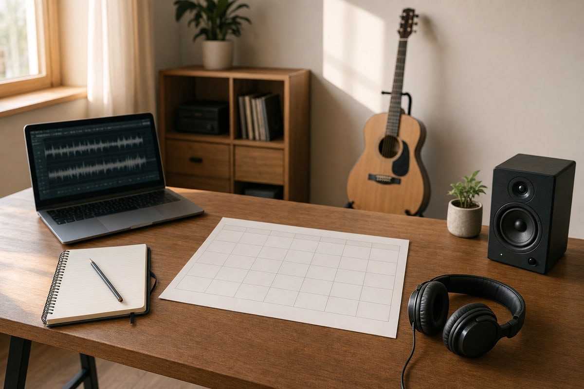 Photograph of an independent artist's planning table in afternoon light: a twelve-month wall calendar marked in pencil with release-window blocks, a spiral-bound notebook of handwritten role-allocation notes, a stack of release-art index cards on a wooden clipboard, a ceramic mug, an open laptop showing a waveform, a small acoustic guitar on a stand in the corner, and a small monitor speaker on the desk.