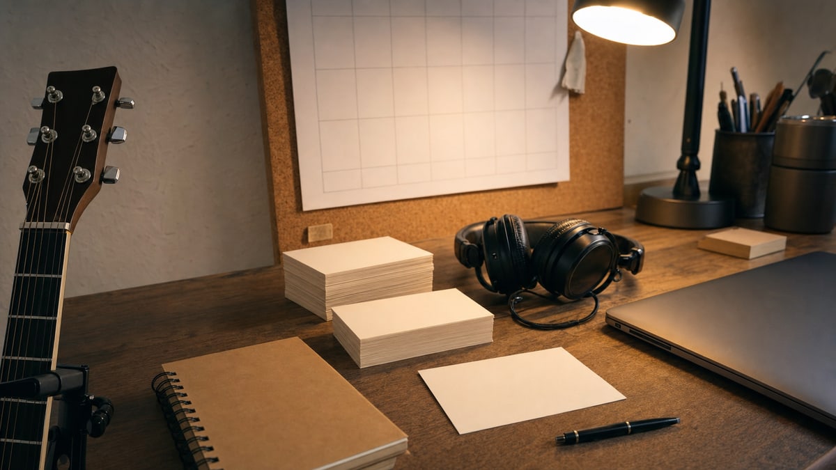 Editorial photograph of a working release-week desk under warm task lighting: an acoustic guitar at the edge of the frame, a small grid of paper notepads and stacked index cards laid out as a planning surface, a pair of studio headphones at the center, a pen on the desktop, and a cup of pencils, suggesting release week as a repeatable system.