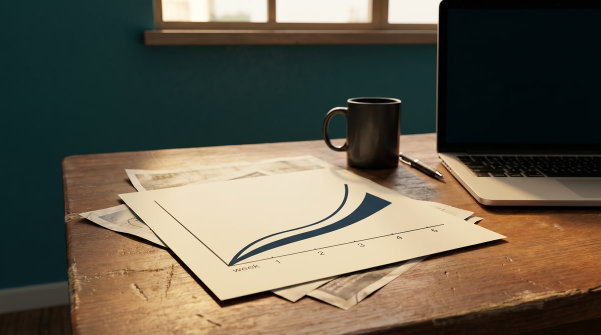 Editorial photograph of a wooden desk in late afternoon light: a printed dashboard-style sheet in the foreground showing a stylized chart with a single ascending curve over a numbered week axis numbered 1 through 5, a small stack of older printouts visible underneath the top sheet suggesting iterative work, a dark ceramic mug above the chart, the edge of a closed laptop at the right, and a deep teal wall with a window above.