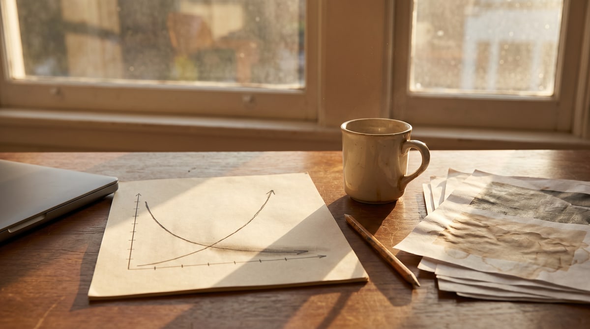 Editorial photograph of an organized listener data binder, a laptop showing audience retention graphs, and a coffee cup on a wooden desk.