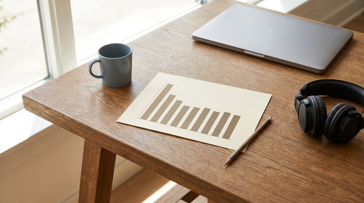 Editorial photograph of a wooden desk in daylight: a printed sheet of cream paper in the center foreground showing a bar chart of eight ascending then plateauing bars over a clean axis, a wooden pencil lying beside the chart, a slate-blue ceramic mug at the upper left, a pair of dark over-ear studio headphones at the right, and the edge of a closed laptop at the upper right, with bright daylight from a window at the left.