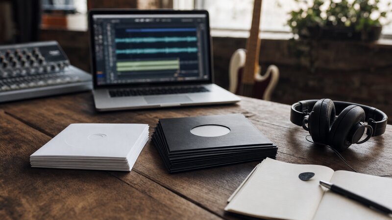An overhead flat-lay photograph of a vintage vinyl record beside a smartphone displaying a streaming app playlist on a worn wooden surface, in warm late-afternoon light.
