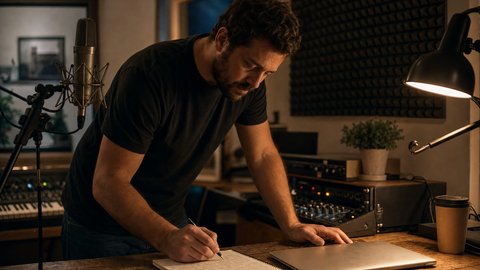 A music producer in a dark t-shirt leaning over a studio desk writing in a spiral notebook, representing Spotify skip threshold analysis