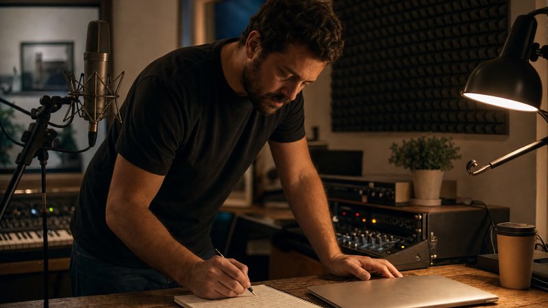 A music producer in a dark t-shirt leaning over a studio desk writing in a spiral notebook