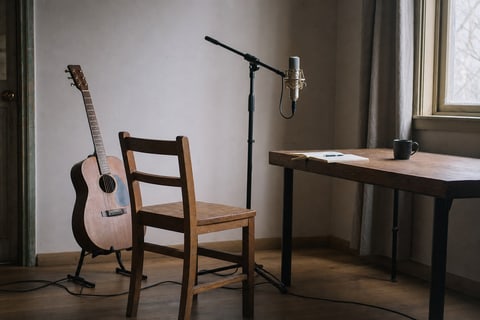 Photograph of a quiet writing room with a small-body acoustic guitar against the wall, a plain wooden ladder-back chair, a long wooden writing table with notebook and ceramic mug, and a warm wood floor.