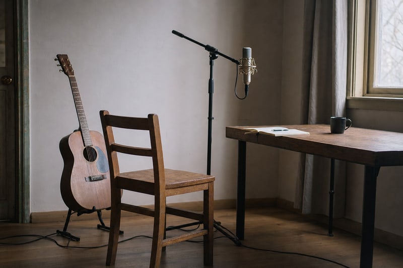 Photograph of a quiet writing room with a small-body acoustic guitar against the wall, a plain wooden ladder-back chair, a long wooden writing table with notebook and ceramic mug, and a warm wood floor.