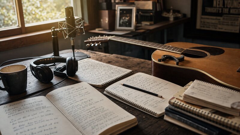 A singer-songwriter seated at a writing desk in a sunlit room, surrounded by handwritten lyric notebooks, a guitar leaning against the wall, and a laptop open to a music management dashboard.