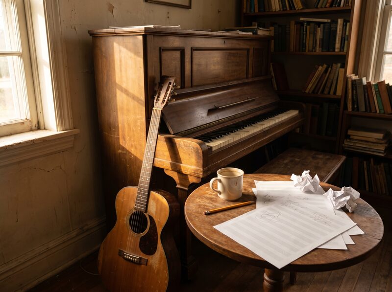 Piano, guitar, and writing pages in a quiet songwriting room.
