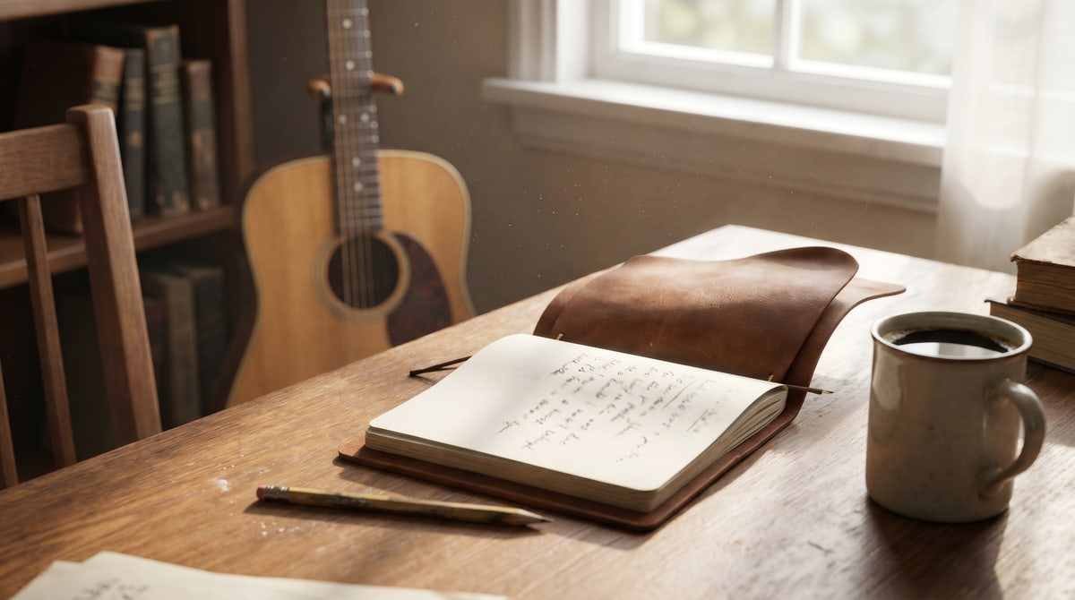 Editorial photograph of an open notebook with hand written lyrics, an acoustic guitar resting on a chair, and a coffee mug in soft morning light at a wooden table.