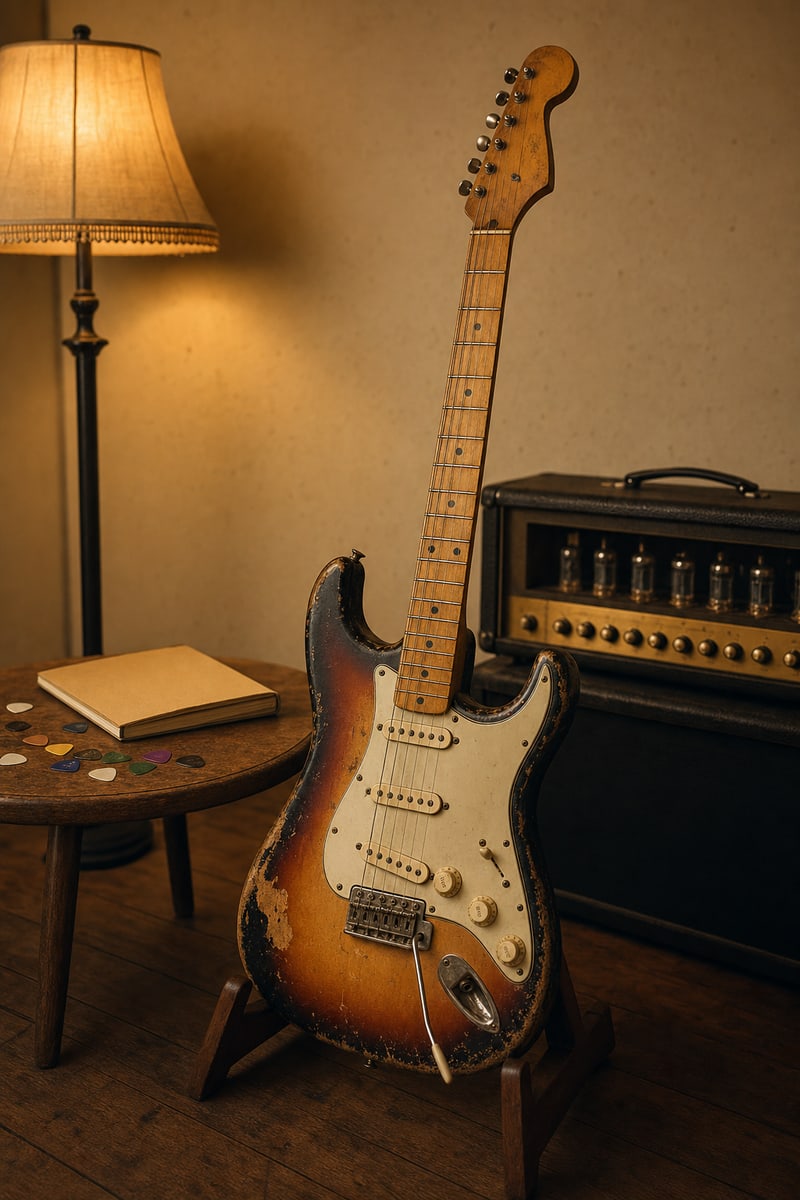 Photograph of a worn sunburst electric guitar on a wooden floor stand in a rehearsal room with warm incandescent lamp light, a vintage tube amplifier in the background, guitar picks scattered on a small wooden table beside it. No people, no readable text.