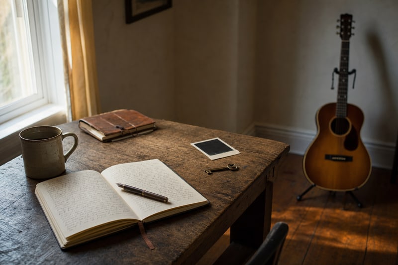 Photograph of a songwriter's writing table in warm side window light: an open notebook with blurred non-readable handwriting, a fountain pen resting on the page, a ceramic coffee mug, a small vintage key, and a face-down old photograph on the worn wooden surface.
