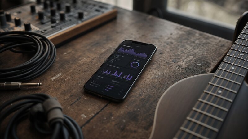 A smartphone showing a Spotify for Artists analytics screen on a home studio desk.