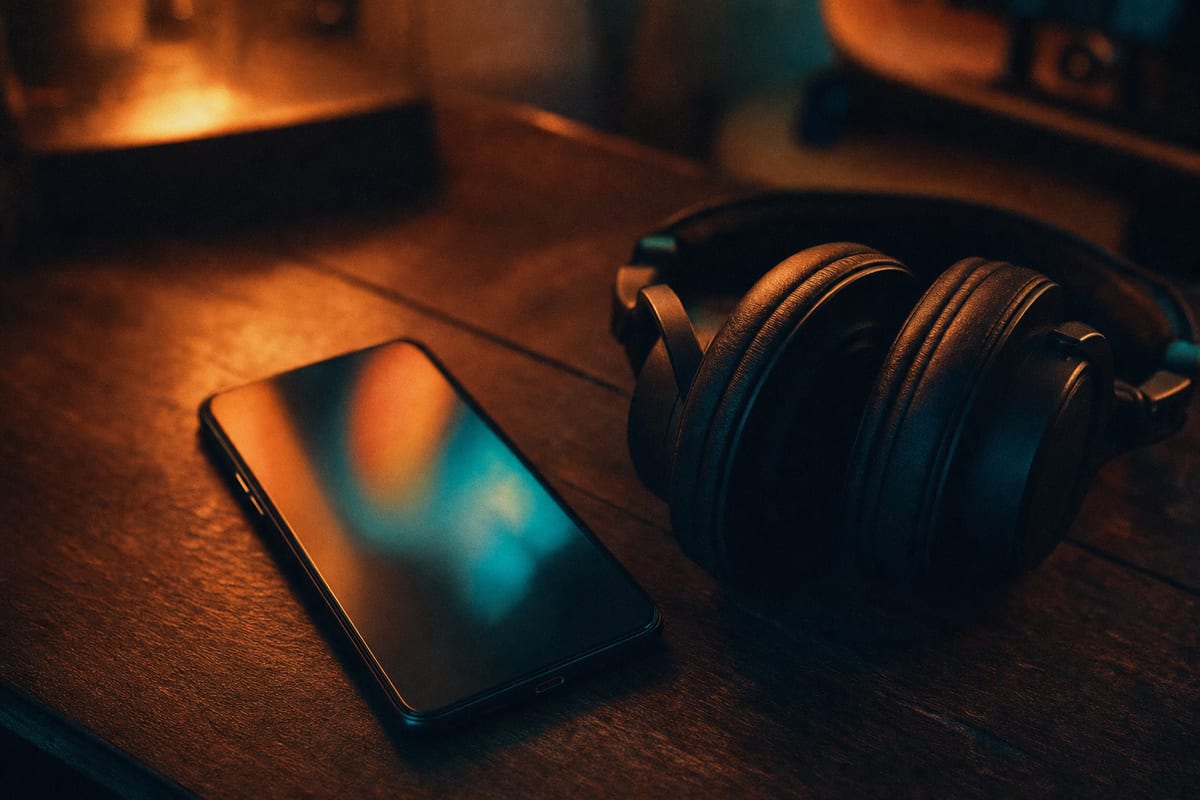 Editorial photo: a musician's phone on a table showing a looping abstract light reflection, with headphones nearby; moody studio lighting; no readable text.
