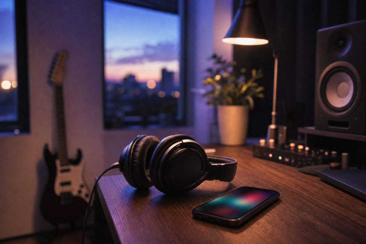 A tidy home studio desk at dusk with a phone showing a blurred music app, headphones, and a warm desk lamp, an electric guitar resting against the wall