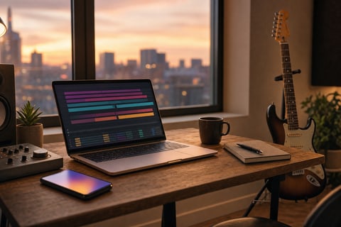 A home studio desk at dusk with a laptop, phone, and an electric guitar resting on a wall hanger