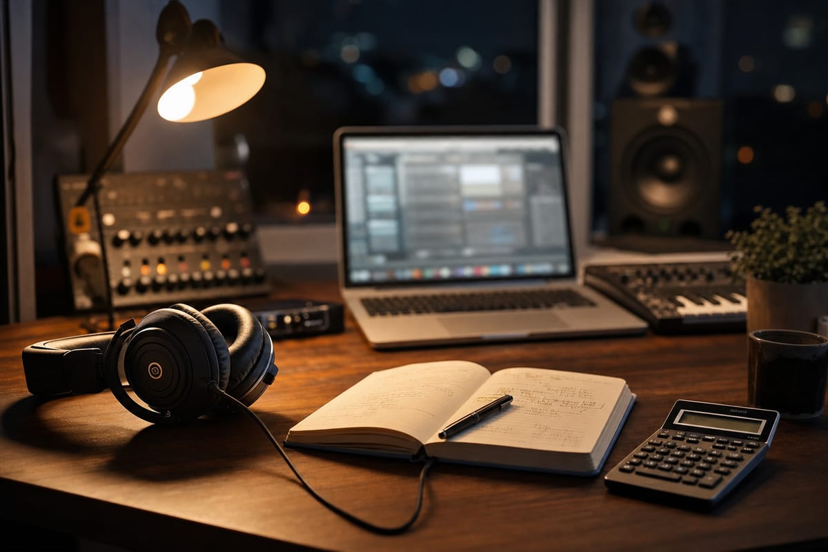 A musician at a desk with studio headphones and a notebook, reviewing streaming numbers on a laptop screen (no readable text).