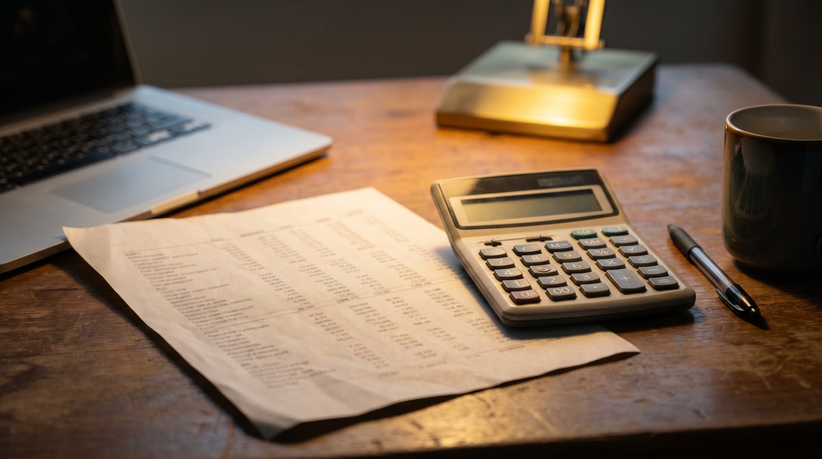 Editorial photograph of a desk with a royalty statement, a laptop showing a streaming dashboard, and a closed notebook in soft daylight.