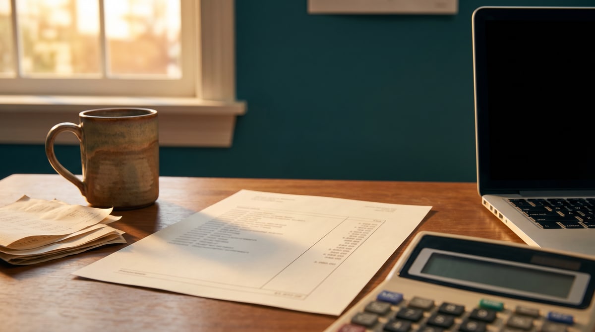 Editorial photograph of a wooden desk in evening warm light: a printed statement-style page in the center foreground showing a column of numerical entries and a small subtotal at the bottom, a basic calculator partly visible at the lower right with a blank display, a stoneware mug at the upper left, a small stack of older printouts beside the mug, the edge of an open laptop with a blank screen at the right, and warm window light against a deep teal wall.