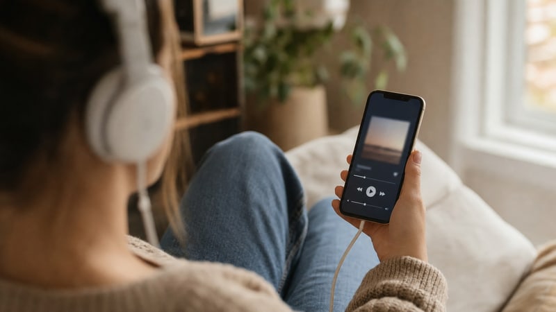A person listening to music on a smartphone in a warm home environment, representing Spotify streaming engagement metrics