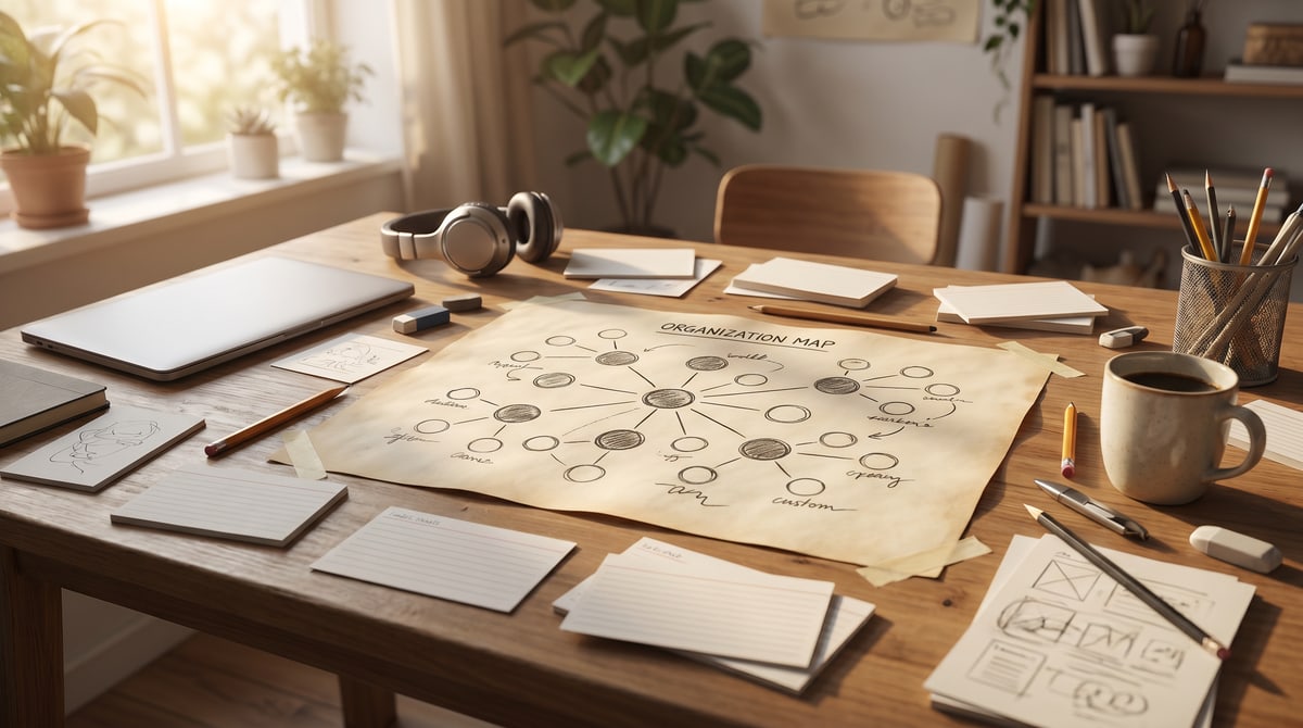 Editorial photograph of a small team meeting at a long wooden table with notebooks open, a laptop, and a paper org chart sketched in the foreground.