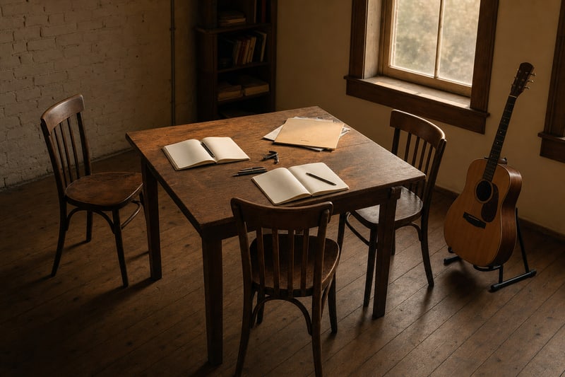 Photograph of three empty wooden chairs around a modest wooden table in warm evening light: open notebooks, a guitar capo, pencils, and blank record sleeves turned face-away on the table.