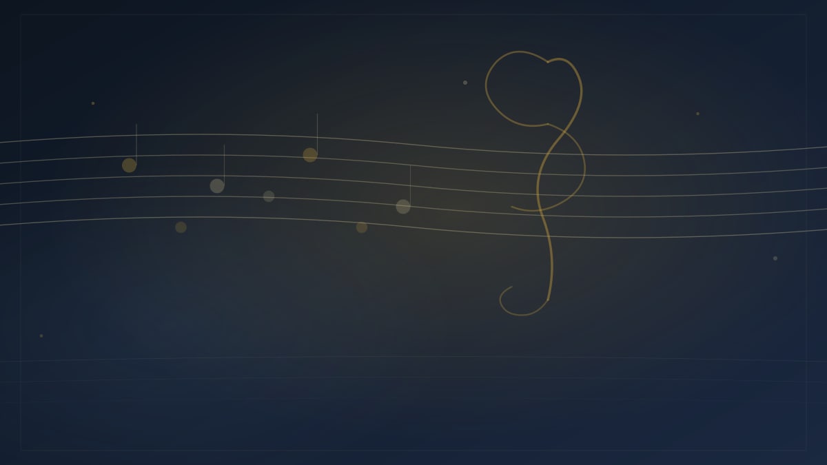 Abstract music-canvas editorial graphic: curved musical staff arcs with treble-clef silhouette and floating note-head compositions in deep slate and warm gold on a dark background, representing 28-day listener engagement without readable text or logos.