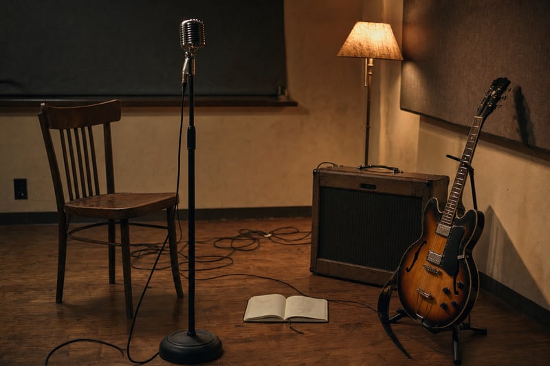 Dimly lit performance room with a vintage ribbon-style stage microphone on a chrome stand, a wooden chair with a draped jacket, a sunburst electric guitar on a stand against a small tweed combo amp, and an open lyric notebook on the rug.
