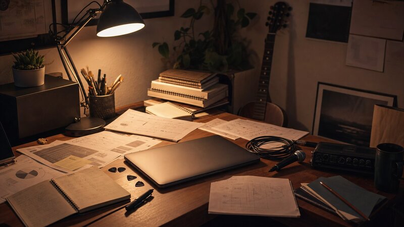 A wide editorial photograph of a musician's personal workspace at year-end: a desk with a notebook open to a handwritten year-in-review page, a guitar in the background, and a nearly empty coffee cup under warm late-winter light.