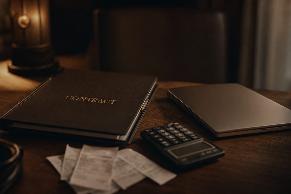 A contract folder on a desk with a calculator and scattered receipts, suggesting deal terms without readable text.