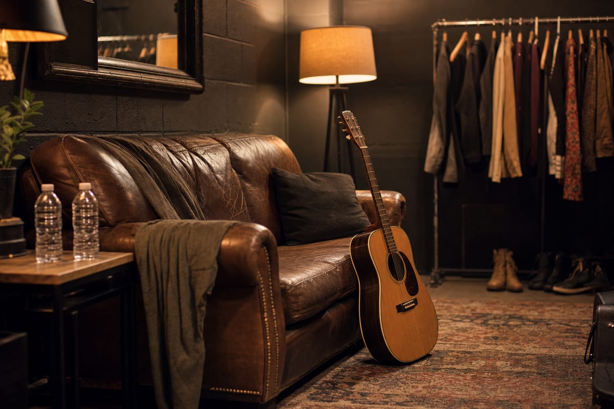A quiet backstage lounge with a couch, guitar case leaning closed, and a small table lamp, editorial photo, no readable text.