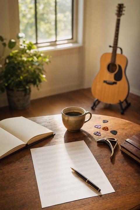 A songwriter desk with a blank document, pen, and picks beside an acoustic guitar resting on a floor stand