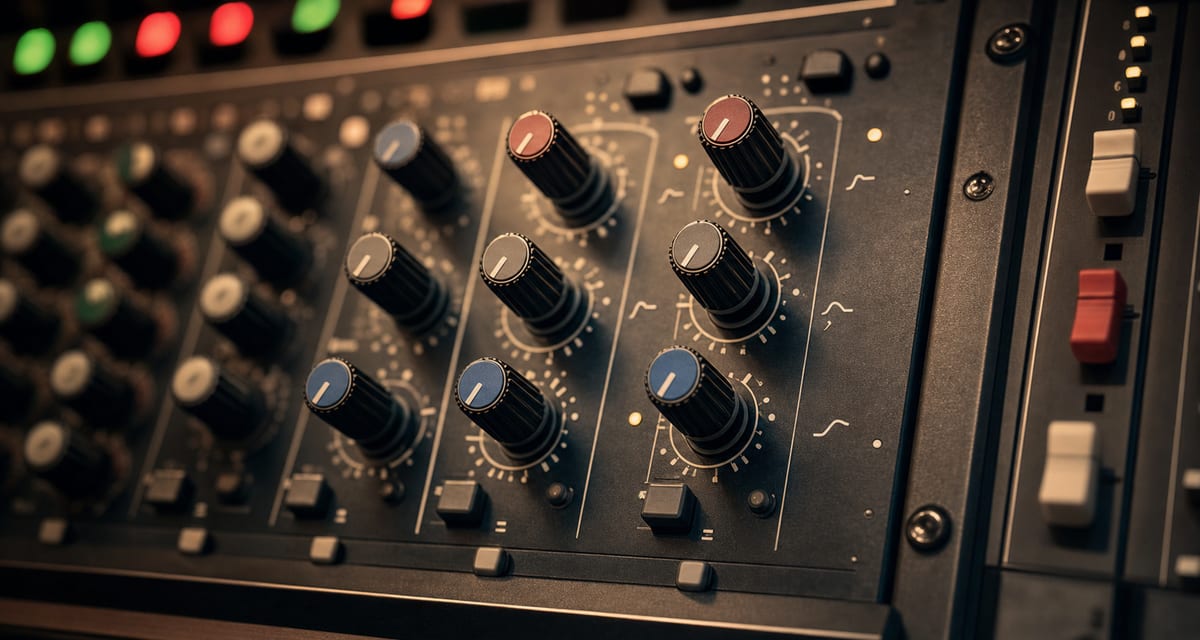 A close-up of a studio mixing console with knobs and meters softly lit, no readable labels or screen text.