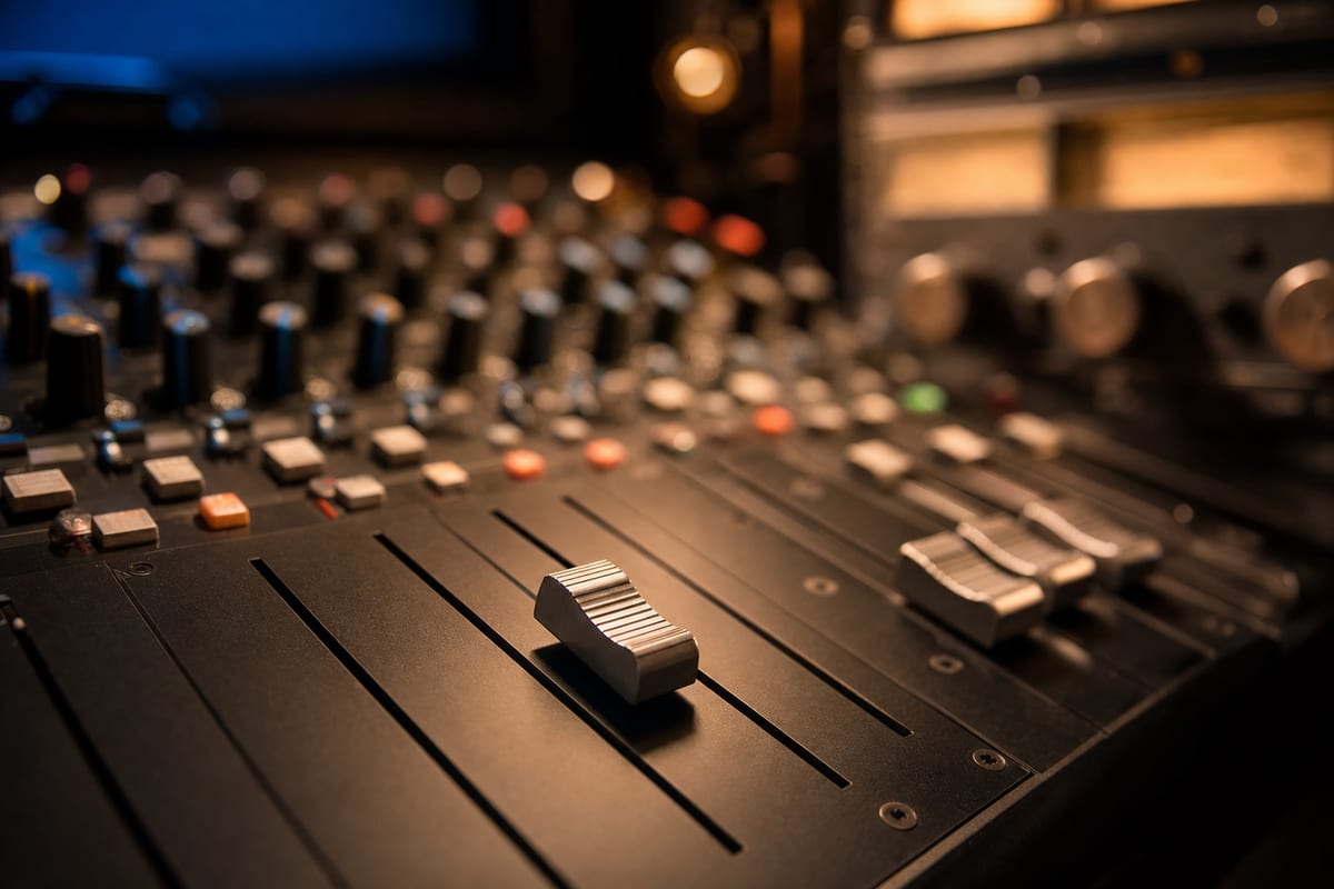 A close-up of a home-studio mixing console with rows of faders and knobs, one fader in sharp focus and the rest softly blurred.