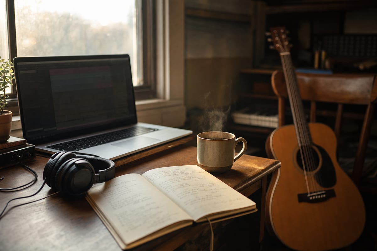 A musician's desk at dawn with a notebook, a coffee cup, and a dim laptop showing soft indistinct color, an acoustic guitar resting against a chair in the blurred background